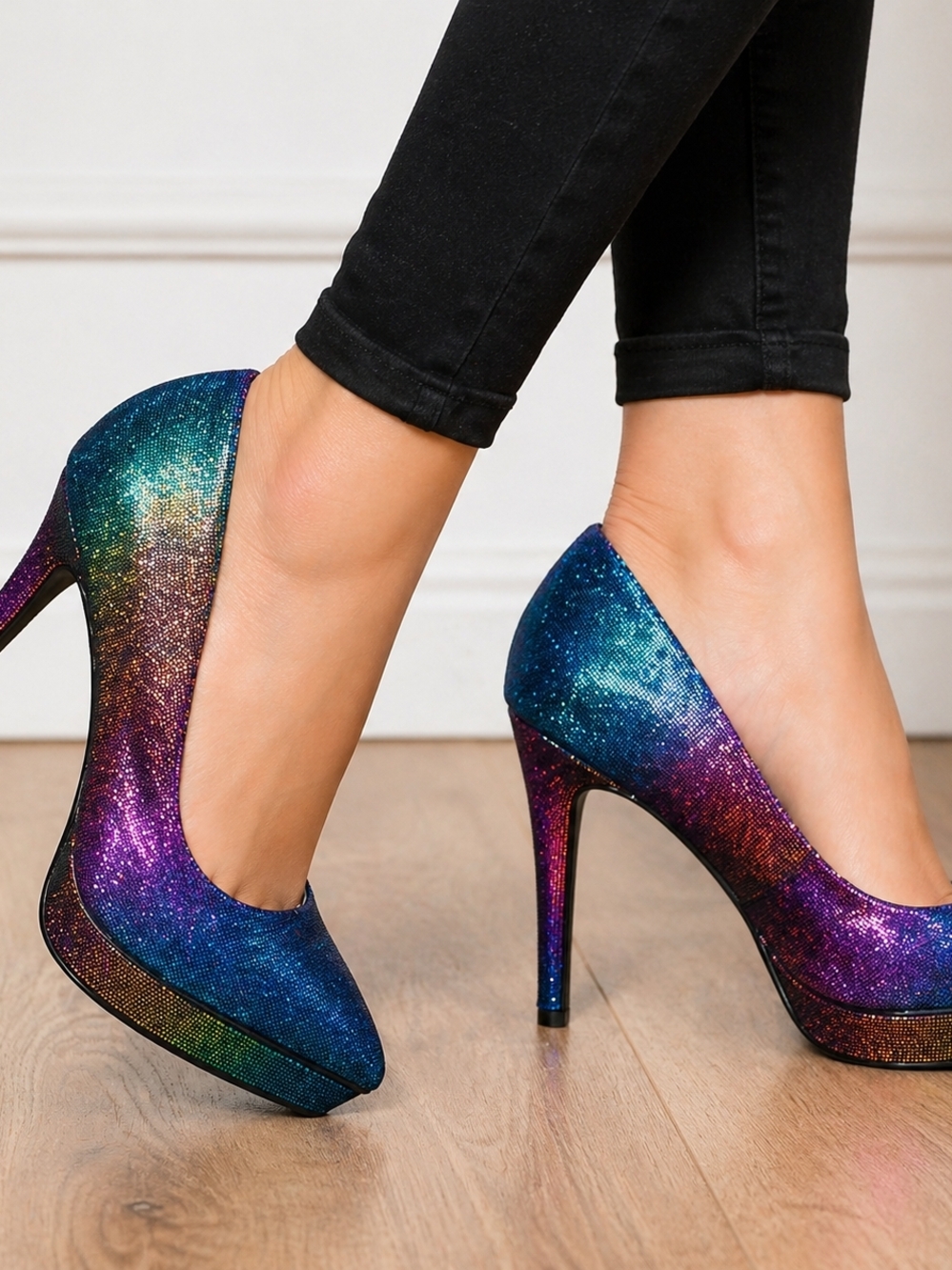 Thalia Sodi Joey Rainbow Glitter Platform Heels 8M Pointed Toe Proms Weddings